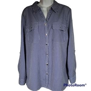 NWOT Notations blue & white striped, long sleeved button down blouse  si…